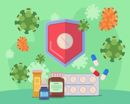 Shield with pill vector illustration with viruses on green background, Bottles with drugs and medicine. Disease season, treatment, fighting viruses conceptのイラスト素材