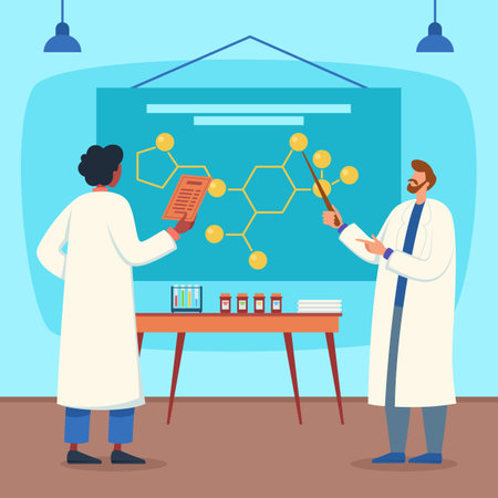 Scientists in lab coats discussing new chemical compound. Vector illustration. Projector with chemical formula, desk with test tubes. Science, scientific discovery conceptのイラスト素材
