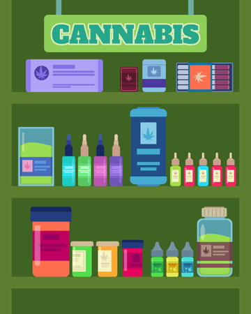 Drugstore shelf with cannabis products. Vector illustration. Different bottles, jars and packages with cannabis medicine and cosmetic products ready for sale. Using hemp for medical purpose conceptのイラスト素材