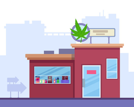 Drugstore with hemp leaf logo vector illustration. Display with different cannabis products. Medicine, cosmetics, pharmacy, legal usage of cannabis conceptのイラスト素材