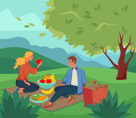 Couple having picnic in park. Vector illustration. Man and woman sitting on blanket and eating fruits outdoors. Spending time together, picnic conceptのイラスト素材