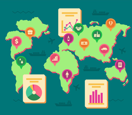 World map with pointers and economic icons. Vector illustration. Charts, graphs, diagrams, productions, natural resources. Economic activity map, world economy conceptのイラスト素材