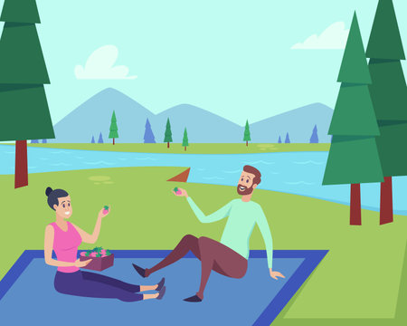 Couple eating fresh strawberries at picnic. Vector illustration. Man and woman sitting on riverside and spending time together outdoors. Leisure, picnic conceptのイラスト素材