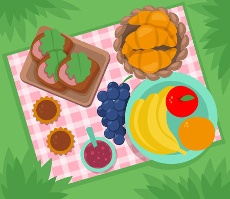 Picnic food on tablecloth vector illustration. Top view. Sandwiches, croissants, fruit, jam. Assortment of picnic food conceptのイラスト素材