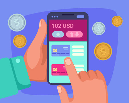 Hands using smartphone to pay online. Vector illustration. Money, credit cards. Mobile banking app conceptのイラスト素材