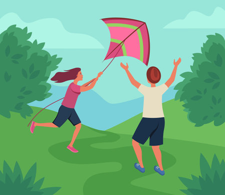 Children flying kite outdoors vector illustration. Girl and boy spending time in park. Leisure activities conceptのイラスト素材