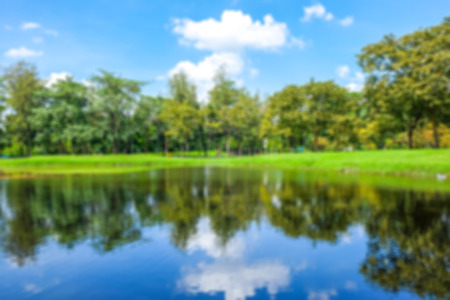 Blurred park with blue sky, natural backgroundの写真素材