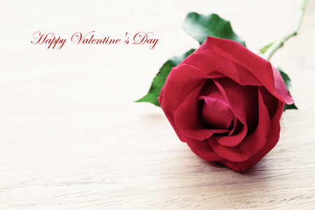 Red rose on wood and happy valentine's day word with copy spaceの写真素材