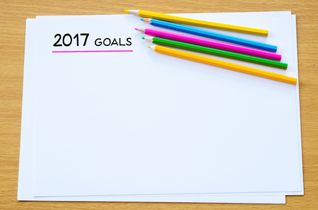2017 goals on blank note book background, new year resolutions conceptの写真素材