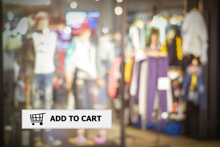 Add to cart on address bar over blur store background, shopping online, e-commerce, web bannerの写真素材