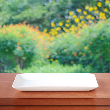 Empty white plate on wood table over blurred tree background, template, food display montage