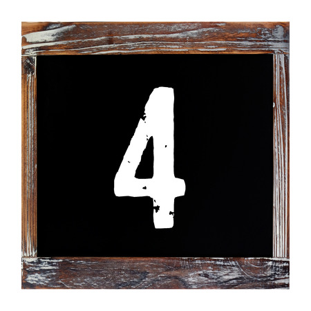 Number 4, four, on vintage wooden chalkboard isolated on white background, education concept