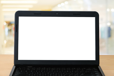 Labtop with white background on screen over blur store with bokeh background, display mockupの写真素材