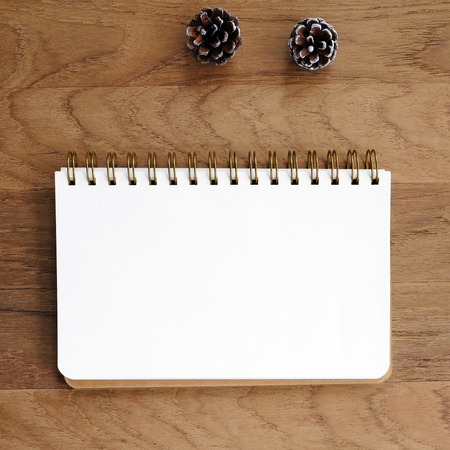 Blank note book paper and pine cones on wood backgroundの写真素材