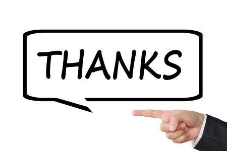 Hand pointing thanks word in bubble speech on white background, business conceptの写真素材