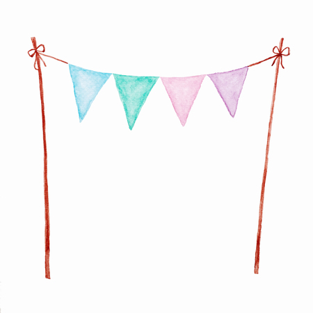 Colorful party bunting flag watercolor drawing isolated on white background, Holiday greeting card backgroundの写真素材