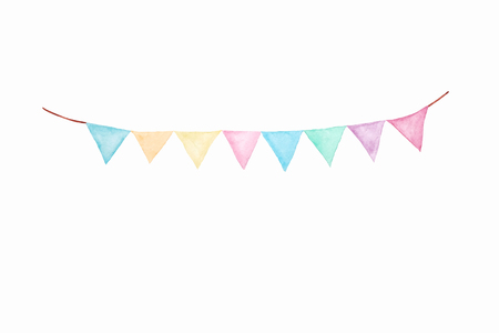 Colorful party bunting flag watercolor drawing isolated on white background, Holiday greeting card backgroundの写真素材