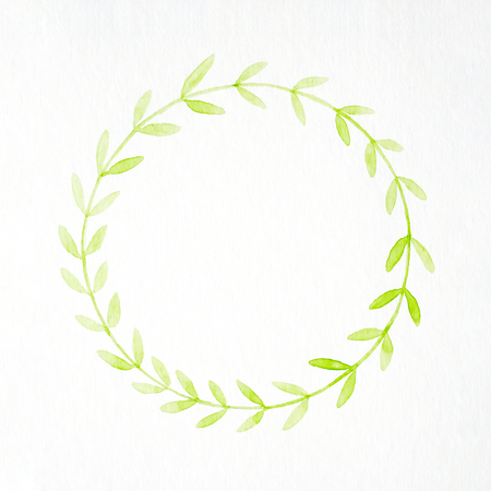 Hand drawing green leaves in watercolor style on white paper background, green leaves wreath with copy space for text, greeting card background, bannerの写真素材