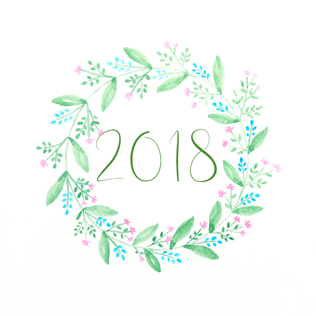Happy new year 2018 on watercolor hand painting flowers wreath over white background, new year greeting card, bannerの写真素材