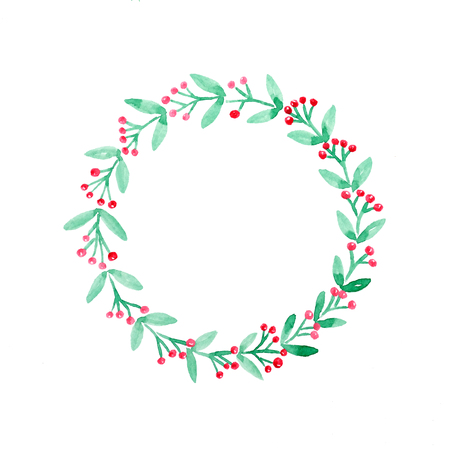 Christmas wreath watercolor drawing on white paper background, Christmas greeting card backgroundの写真素材
