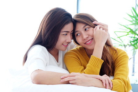 LGBT, Young cute asia lesbian couple happy moment, homosexual, lesbian couple lifestyleの写真素材