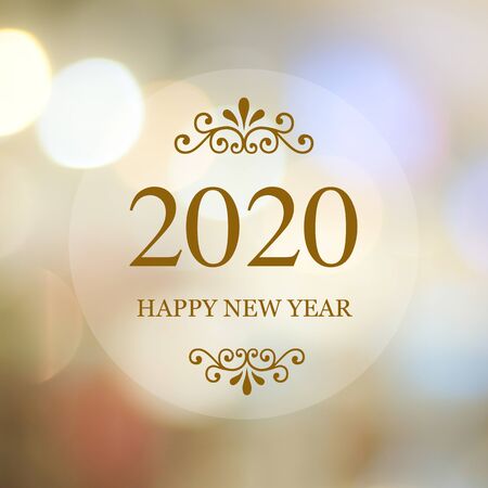 Happy New Year 2020 on blur abstract bokeh background, new year greeting card, banner