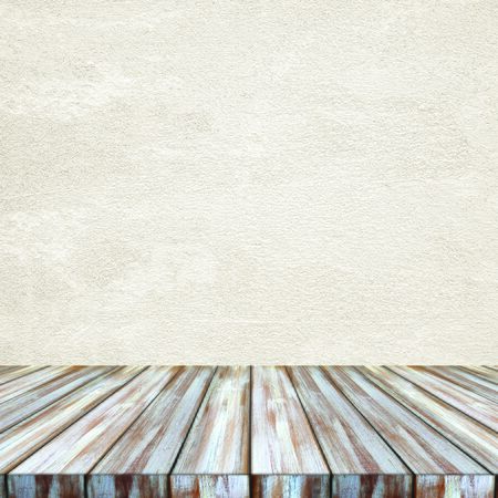 Empty perspective vintage white wood and brown cement wall, room, background, Wooden table top,...