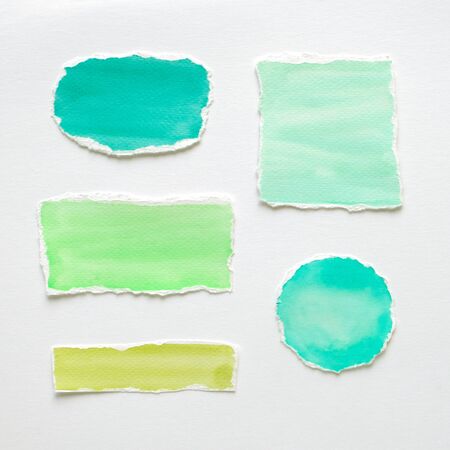 Blank piece of green watercolour papers isolated on white background, Torn watercolor painting on...