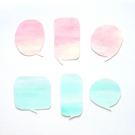 Watercolor illustration, Set of speech bubbles watercolor painting on paper isolated on white background, hand drawing in watercolor style, abstract art and design backgroundの写真素材