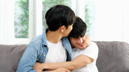 Happy asian homosexual gay man couple, Young asia boy, male lgbt in happy moment relationship, People diversity love lifestyle, LGBTQ pride conceptの写真素材