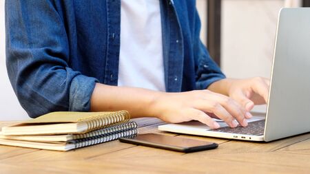Online study class, Work from home, Student man hand using laptop computer, Adult college,...