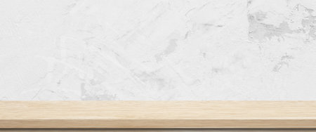 Wood table and white wall background in kitchen, Wooden shelf, counter for food and product display in room background, Wood table top, desk surface banner, mockup, templateの写真素材