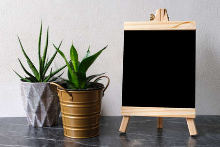 Blank black wooden board, chalkboard, standing over white cement wall with copy space, template,...
