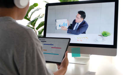 Video conference, Businessman making video call to employee with virtual web, Contacting manager by...