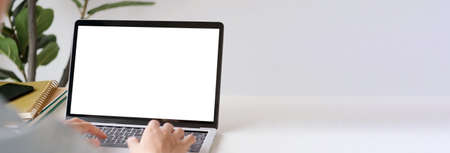 Laptop computer screen mockup, template background banner, Man hand typing laptop computer with...