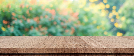Wood table, counter background, Wooden shelf and blur green tree nature for food picnic, kitchen...
