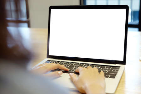 Laptop computer screen mockup, template background, Woman hand typing laptop computer with blank...