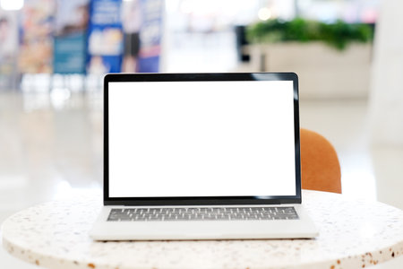 Laptop computer screen mockup, template background, Laptop computer with blank screen over blur background, Business online, e commerce, online study conceptの写真素材