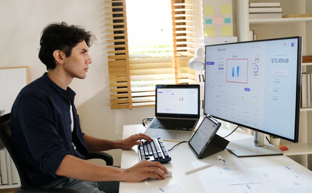 Man working with computer at home office, Working at home, Online learning education