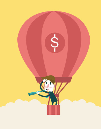 Businessman in a hot air balloon looking with a telescope  Business and Leadership Concept  Vectorのイラスト素材