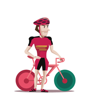 portrait of a strong bicyclist posing next to a bicycle isolated against white background  vector illustration and character design のイラスト素材