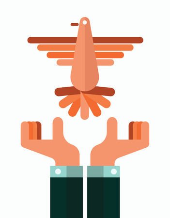 Flying dove with hand  freedom concept  flat design element  vector illustrationのイラスト素材