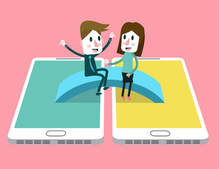 Man and woman enjoy talking on the bridge across between smart phone. social media community concept. のイラスト素材