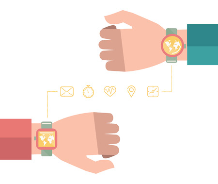 Smart watch or wearable on hand device set with feature icons set. flat design. のイラスト素材