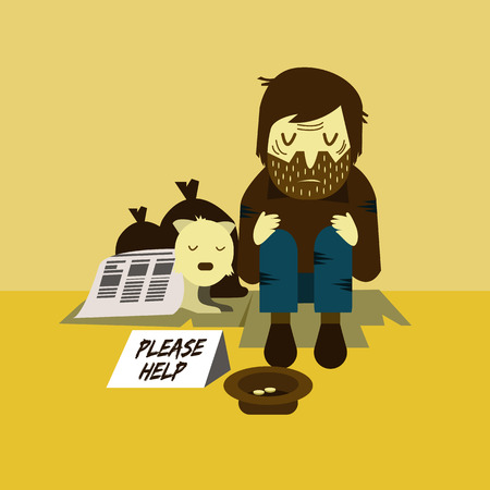 Homeless man with a dog sleeping on street. unemployment and homeless issues. flat character. vector illustrationのイラスト素材