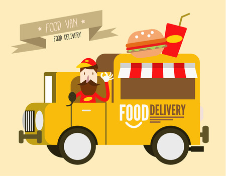Hamburger van. fast food delivery. flat design vector illustration backgroundのイラスト素材