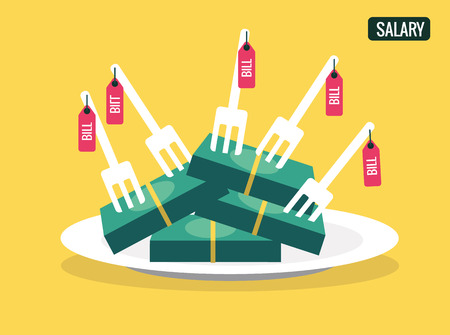 Salary money on plate with Bill forks. flat design. vector illustrationのイラスト素材