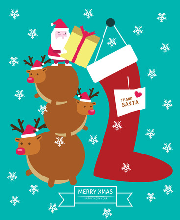 Santa Claus and reindeer putting gift into big sock. christmas and New year. flat character design. vector illustrationのイラスト素材
