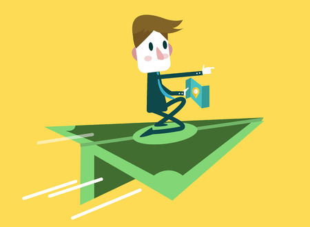 businessman ride on money paper air planeのイラスト素材