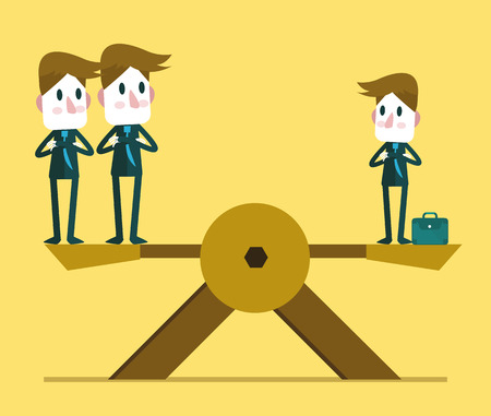 Small businessman weighting balance with two other big business people. Human resource concept.  vector illustrationのイラスト素材